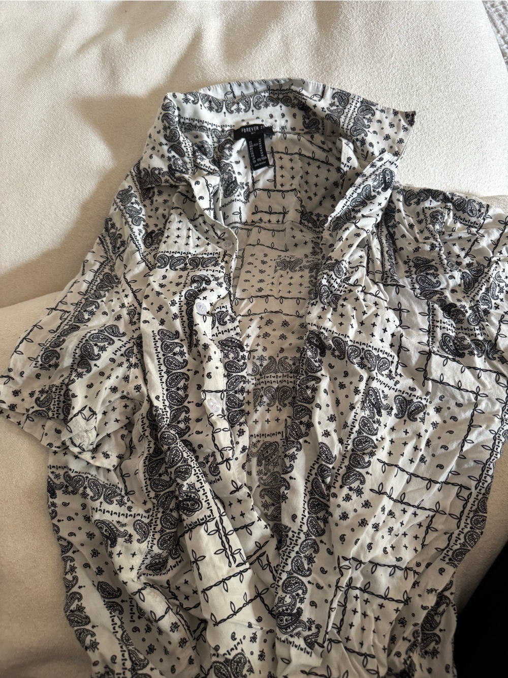 Forever 21 White Button-Down Shirt with Black Paisley Print